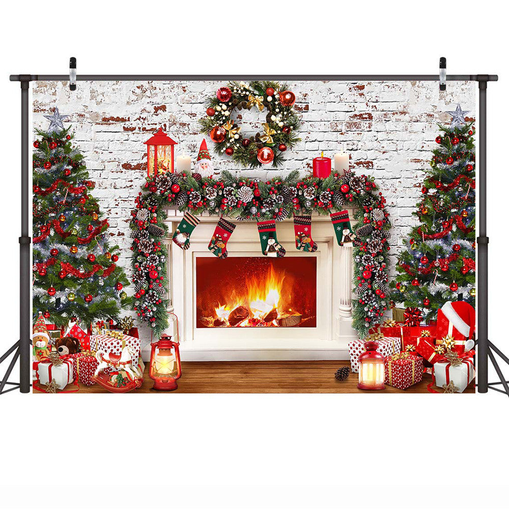 Photography Backdrop Winter Christmas Fireplace Photoshoot Brick Wall Merry Xmas Party Background Decorations Socks Gifts Wreath