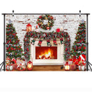 Photography Backdrop Winter Christmas Fireplace Photoshoot Brick Wall Merry Xmas Party Background Decorations Socks Gifts Wreath