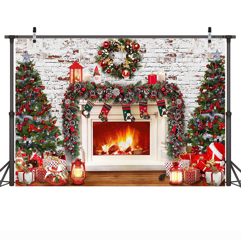 Photography Backdrop Winter Christmas Fireplace Photoshoot Brick Wall Merry Xmas Party Background Decorations Socks Gifts Wreath