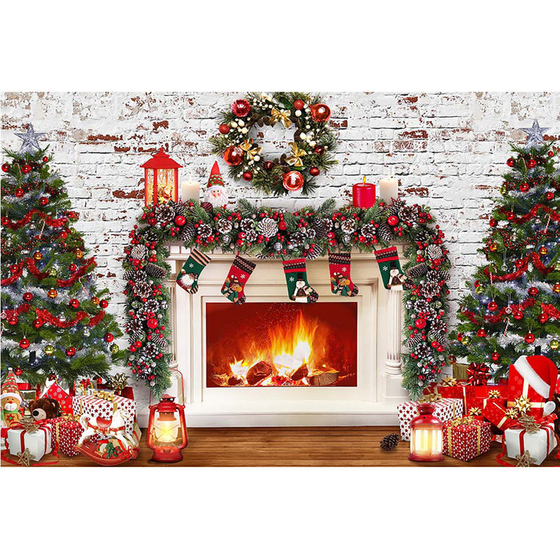 Photography Backdrop Winter Christmas Fireplace Photoshoot Brick Wall Merry Xmas Party Background Decorations Socks Gifts Wreath