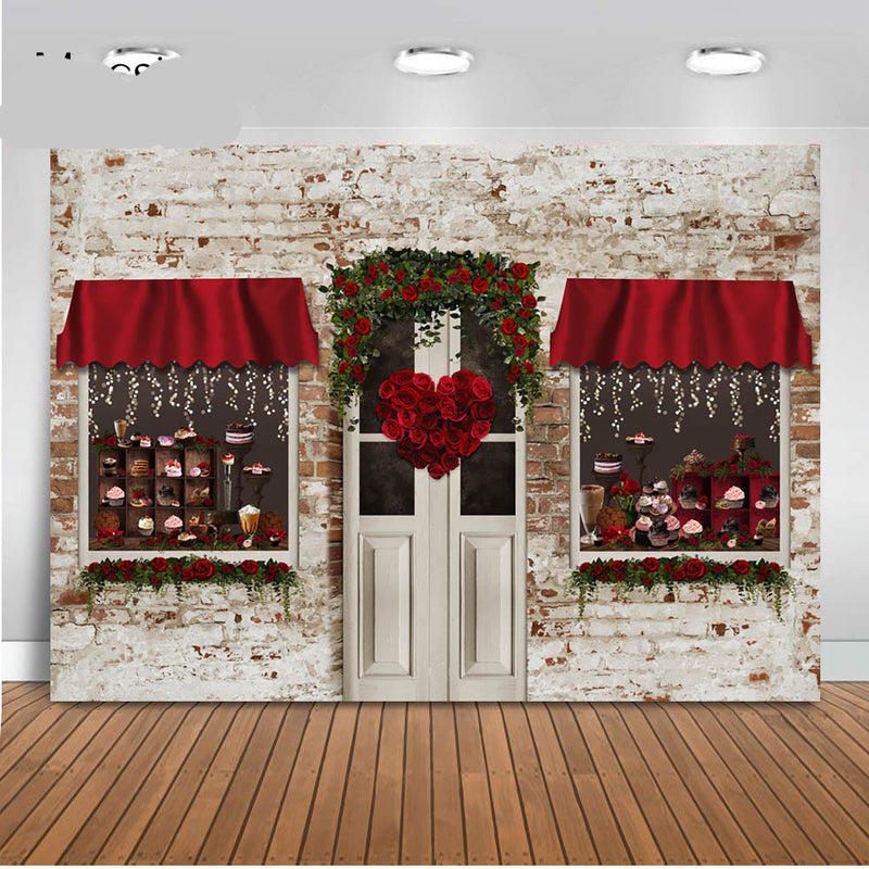 Arrière-plan de photographie de fleurs de roses rouges, arc de magasin de boulangerie, porte de saint-valentin, arrière-plan romantique pour séance photo de nouveau-nés et d'enfants