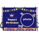 Vinyl Photography Background Backdrop Blue Custom Happy Birthday Decoration for Boy Train Plane Golden Crown Bunting