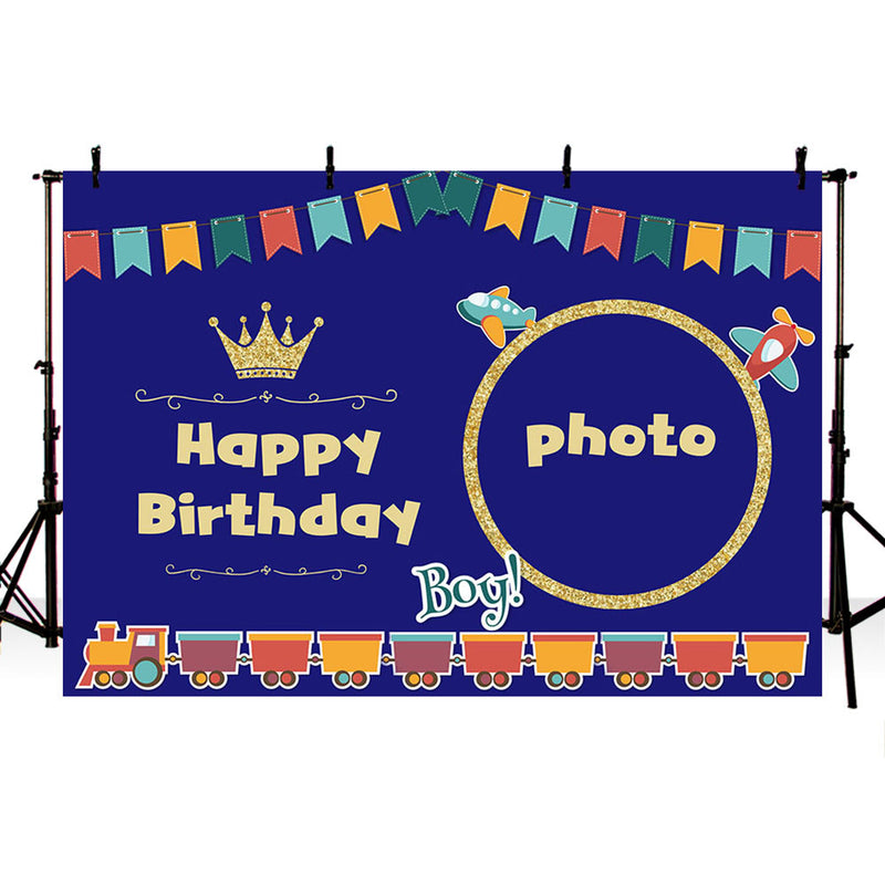 Arrière-plan de photographie en vinyle bleu, décoration personnalisée joyeux anniversaire pour garçon, Train, avion, couronne dorée, banderole