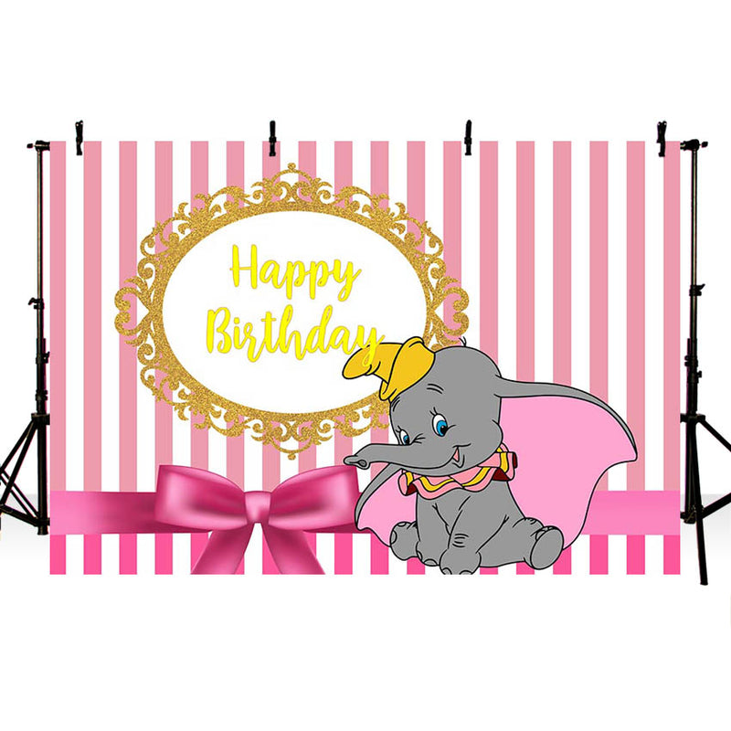 Fondo de fotografía dibujos animados lindo Dumbo elefante rosa brillo dorado fondos de feliz cumpleaños foto estudio sesión fotográfica utilería