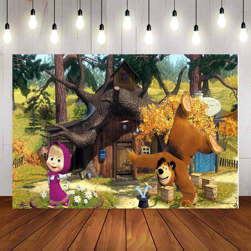 Photography Background Cartoon Masha And Bear Vinyl Baby Birthday Party Child Forest Decor Photocall Backdrop Photo Studio