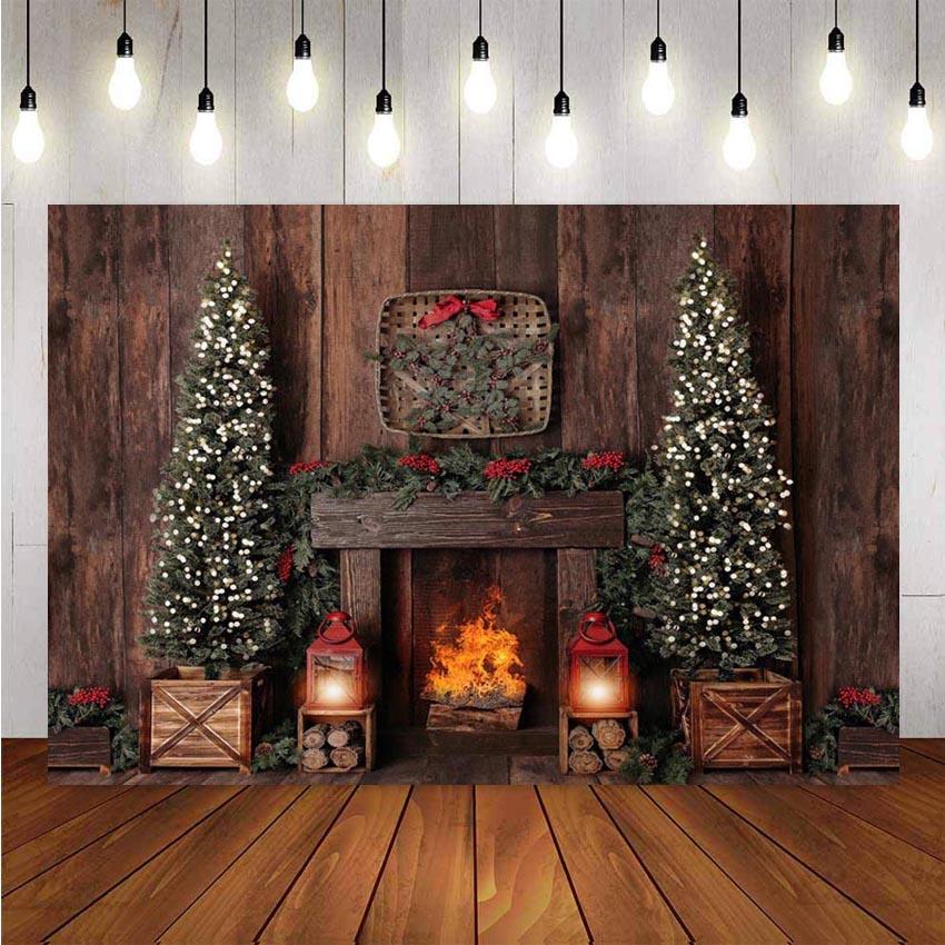 Brown Wooden Photography Backdrops Christmas Fireplace Background Backdrops Winter Props Xmas Tree Vinyl photo Backdrop Kids