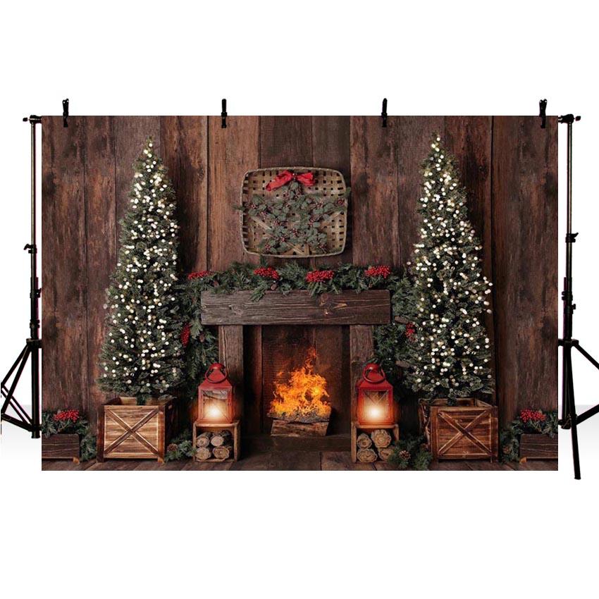 Brown Wooden Photography Backdrops Christmas Fireplace Background Backdrops Winter Props Xmas Tree Vinyl photo Backdrop Kids