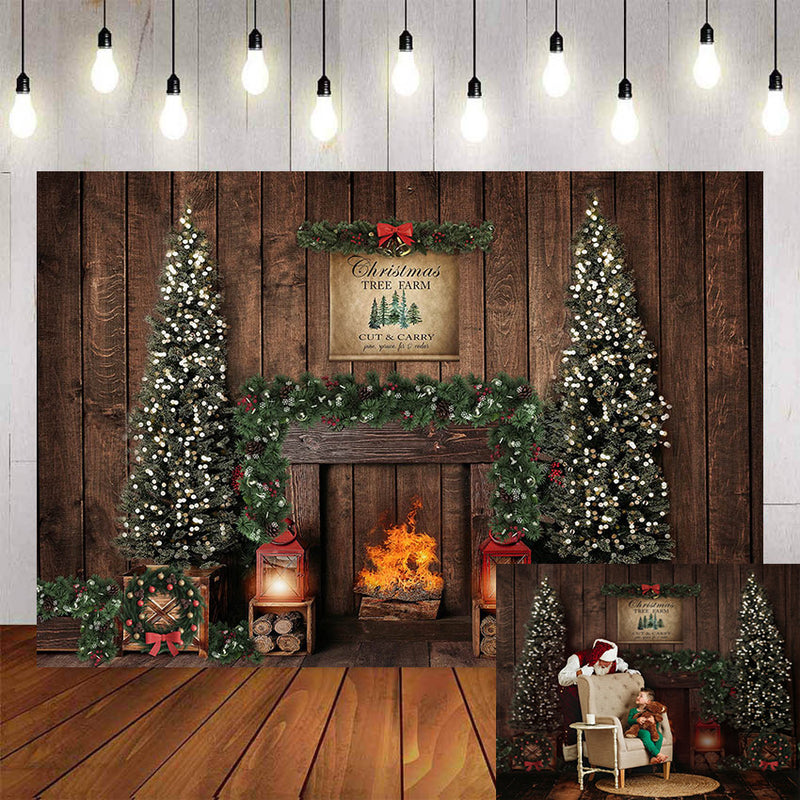 Photography Background Christmas Decoration Tree Retro Vintage Wooden Wall Fireplace Photocall Photo Studio Backdrop