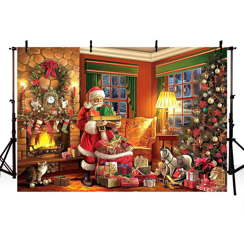Photography Background Christmas Santa Claus Window Fireplace Wreath Gift Xmas Eve Family Portrait Backdrop Photo Studio