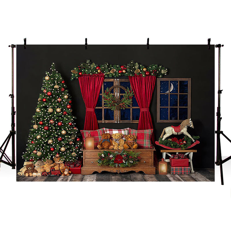 Photography Background Christmas Window Curtains Xmas Tree Bear Gift Kids Family Party Portrait Backdrop Photo Studio