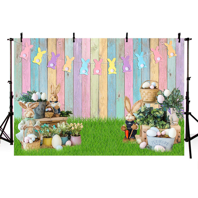 Fondo de fotografía primavera Pascua pared de madera huevos coloridos conejo niños retrato decoración telón de fondo estudio fotográfico 