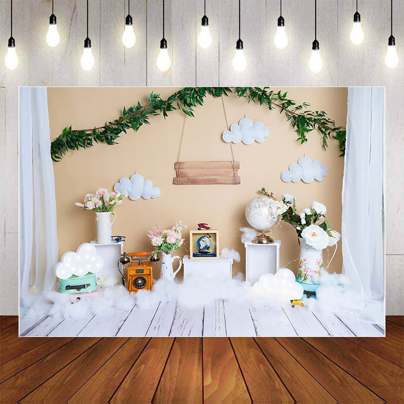 Photography Background Green Plants Phone Globe Cloud Baby Shower Birthday Children Photophone Backdrop Photo Studio