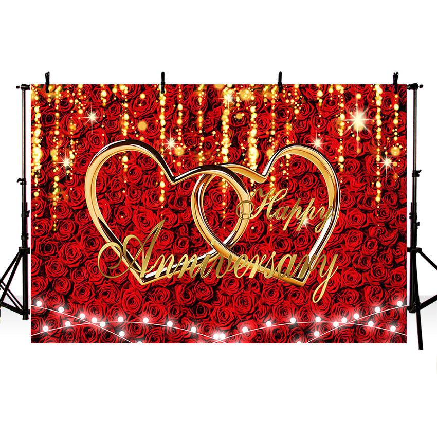 Photography Background Happy Wedding Anniversary Party Red Gold Flowers Roses Decorations Backdrop Photo Booth Studio