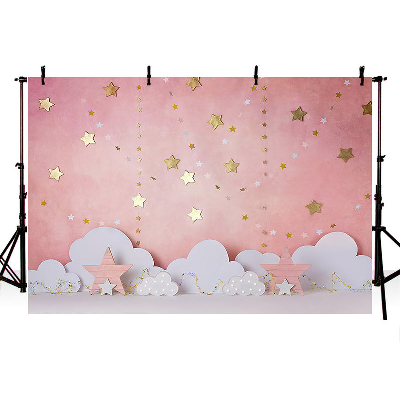 Arrière-plan de photographie rose scintillant, petites étoiles nuages, décor de gâteau de 1er anniversaire pour fille, arrière-plan pour Studio Photo 