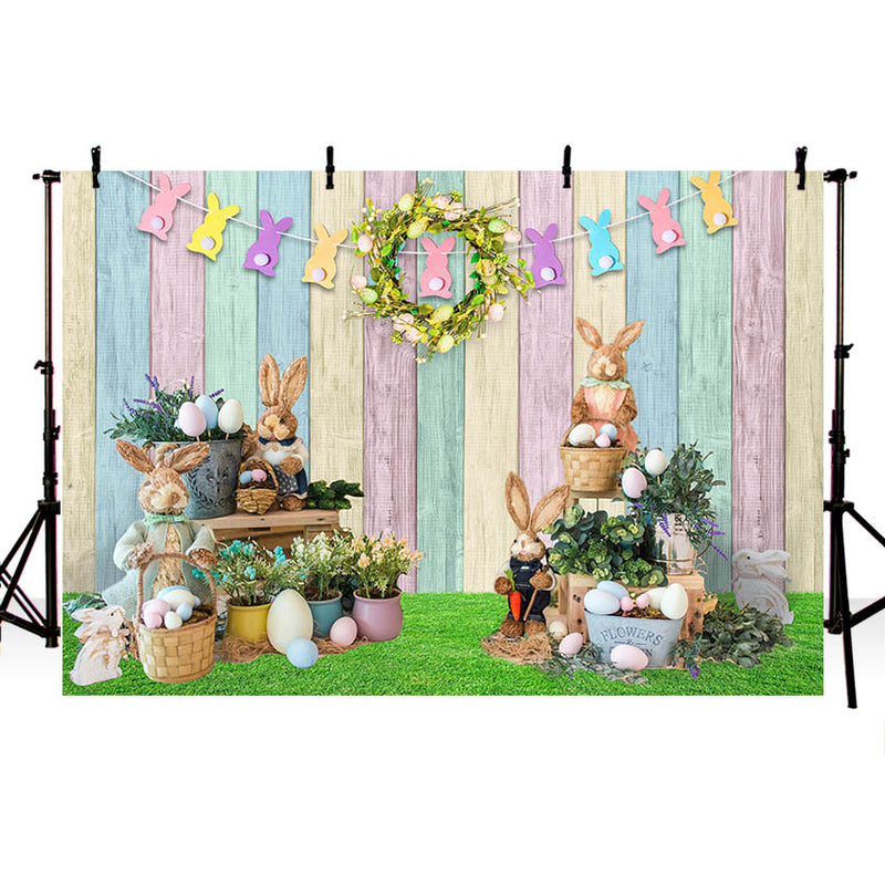 Photography Background Spring Easter Eggs Bunny Colorful Wood Floor Flowers Kids Birthday Party Backdrop Photo Studio