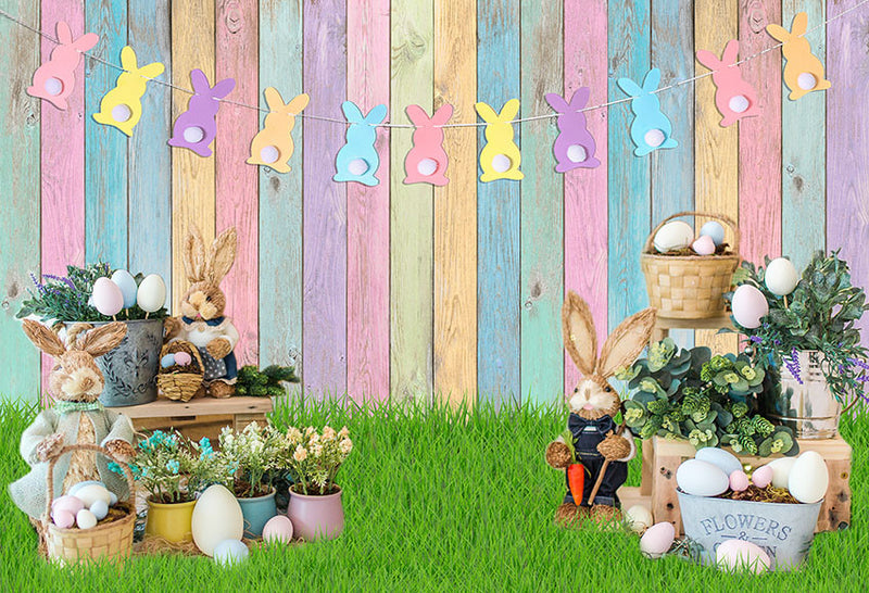 Arrière-plan de photographie, mur en bois de pâques, œufs colorés, lapin, décor de Portrait d'enfants, arrière-plan de Studio Photo 