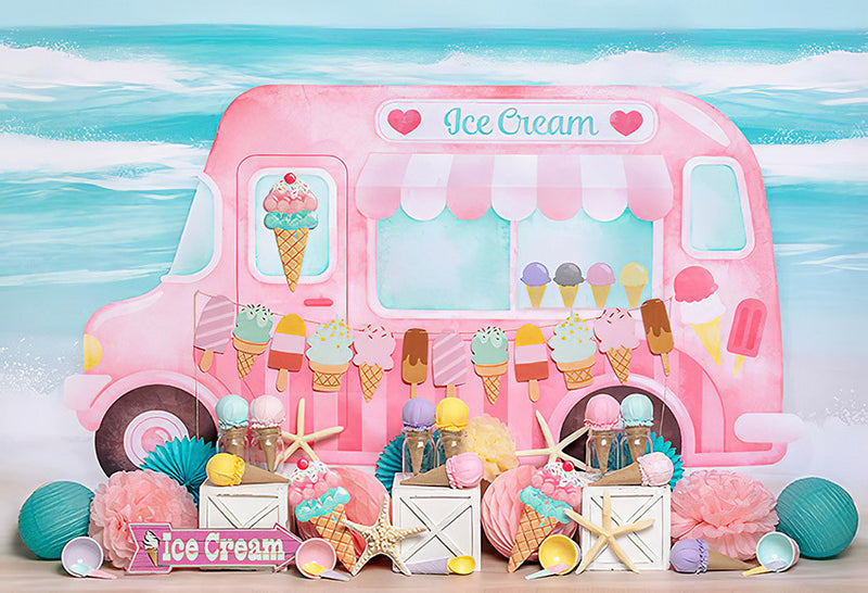 Photography Background Summer Pink Ice Cream Truck Dessert Kids Birthday Cake Smash Decor Backdrop Photo Studio Props