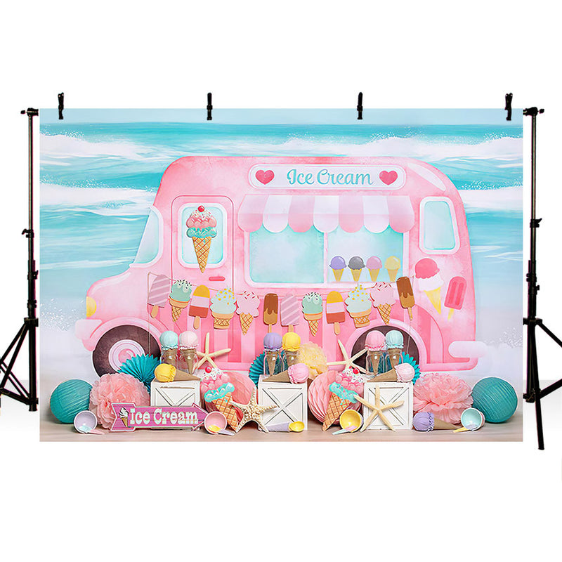 Arrière-plan de photographie d'été, camion de crème glacée rose, Dessert, gâteau d'anniversaire pour enfants, décor Smash, accessoires de Studio Photo 