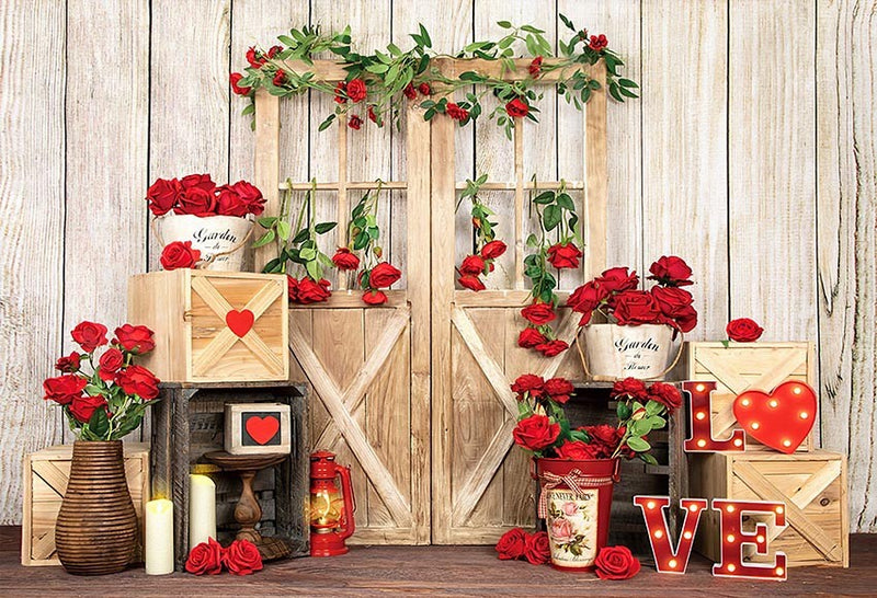 Arrière-plan de photographie de saint-valentin, Rose rouge, amour, cœur, lumière, porte en bois, Portrait d'enfant, anniversaire, Studio Photo