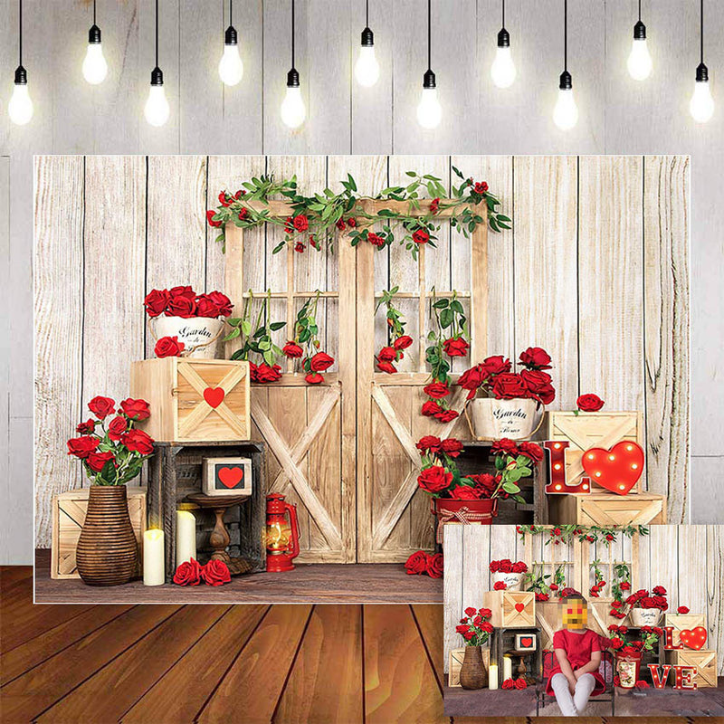 Photography Background Valentine's Red Rose Love Heart Light Wooden Door Child Portrait Birthday Backdrop Photo Studio