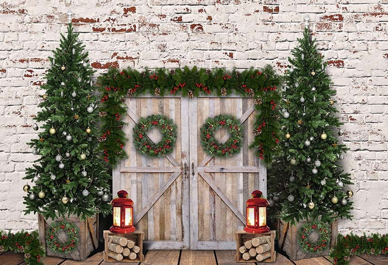 Photography Background Vintage Barn Door Brick Wall Christmas Tree Kids Family Portrait Backdrop Photo Studio Props