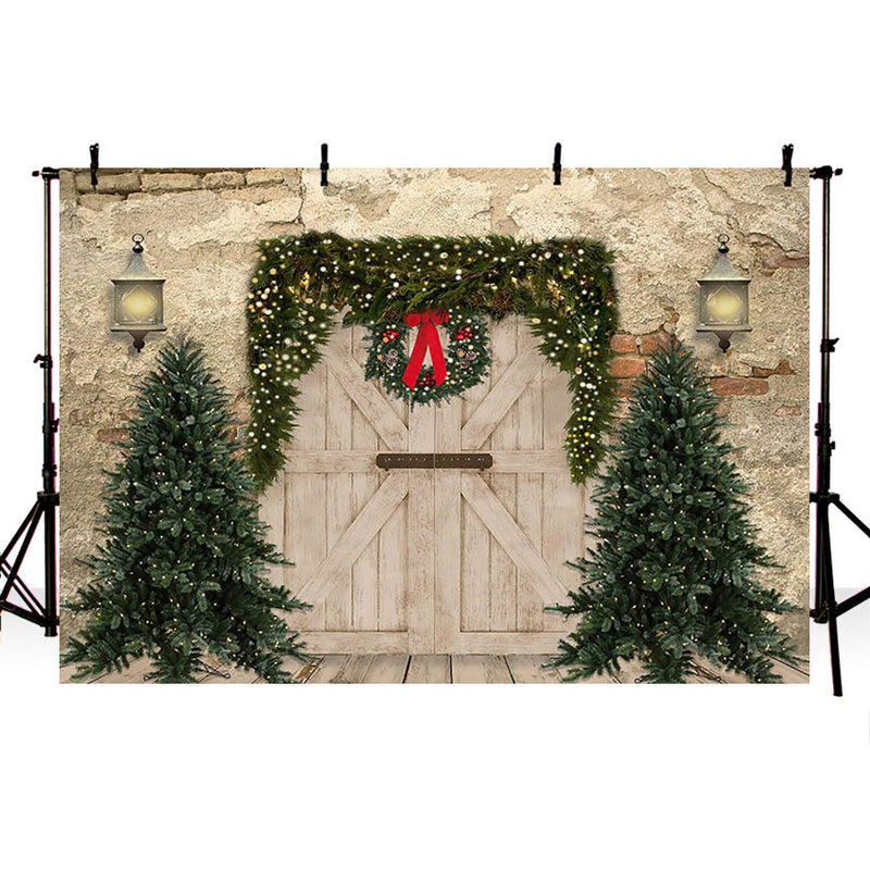 Photography Background Vintage Brick Wall Rustic Christmas Wood Door Kids Family Holiday portrait Backdrop Photo Studio