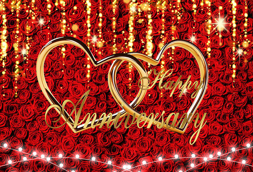 Photography Background Happy Wedding Anniversary Party Red Gold Flowers Roses Decorations Backdrop Photo Booth Studio