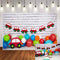 Arrière-plan de photographie, mur de briques blanches, ballon de voiture rouge, décor de fête d'anniversaire pour nouveau-né, Studio photo