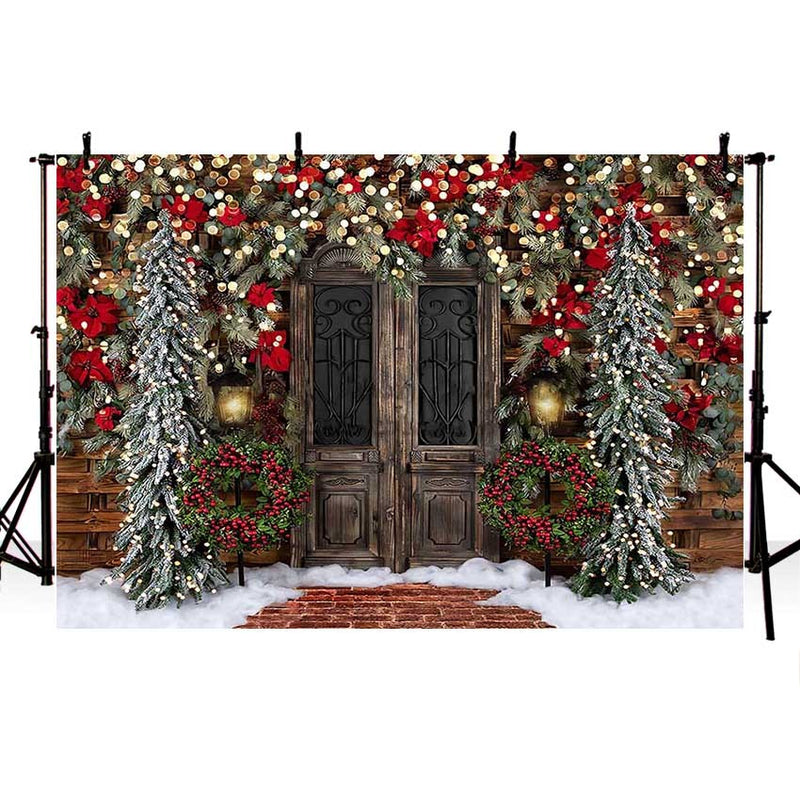 Photography Background Winter Christmas Snow Vintage Door Glitter Pine Tree Kids Family Portrait Backdrop Photo Studio