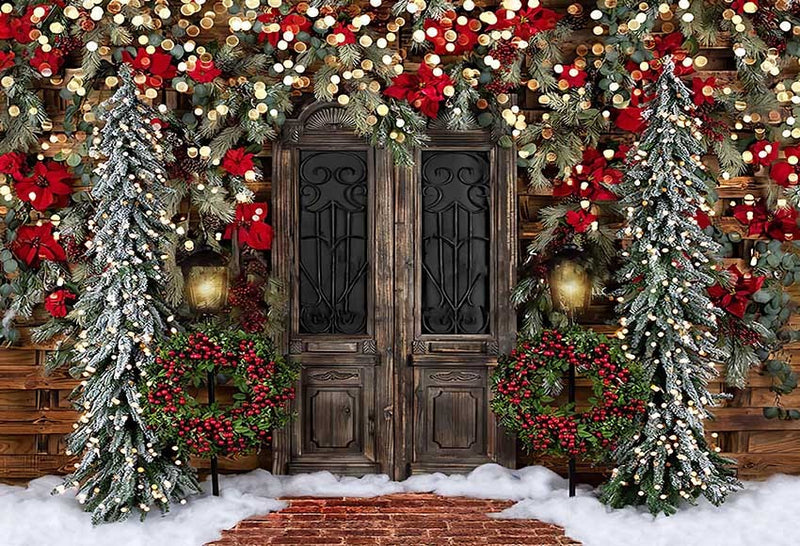 Photography Background Winter Christmas Snow Vintage Door Glitter Pine Tree Kids Family Portrait Backdrop Photo Studio