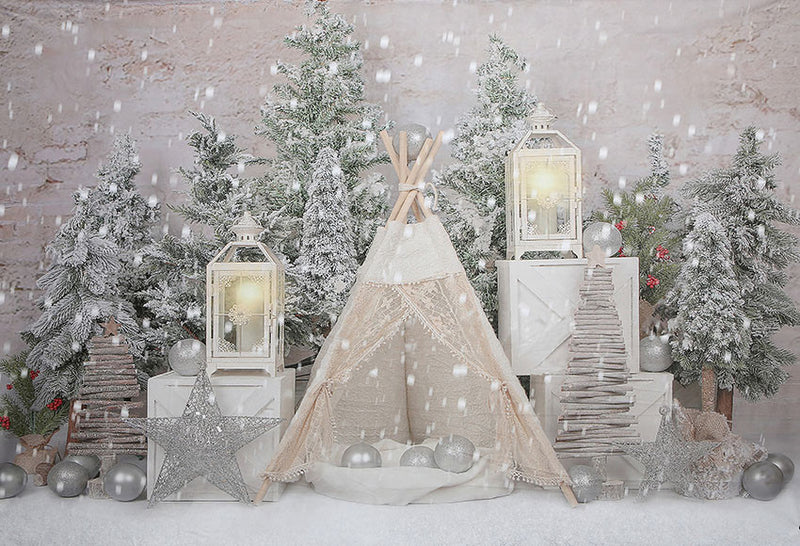 Photography Background Winter Christmas Snowflake Tent Pine Tree Kids ...