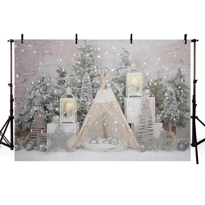 Arrière-plan de photographie d'hiver, noël, flocon de neige, tente, arbre de pin, décor de Portrait de famille d'enfants, accessoires de Studio Photo 