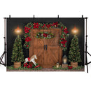 Photography Background Winter Christmas Wood Barn Door Pine Tree Light Kid Holiday Party Portrait Backdrop Photo Studio