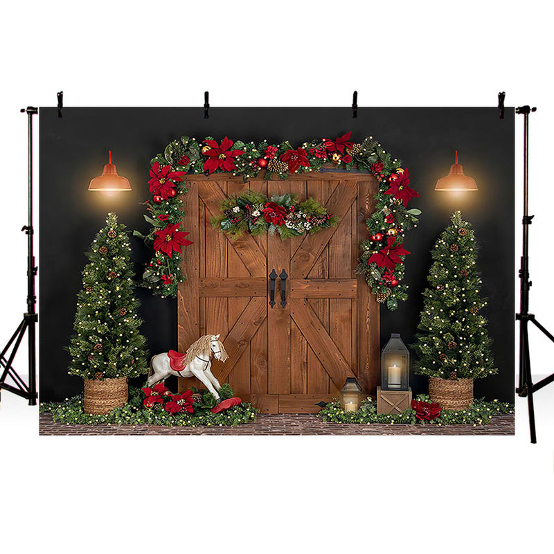 Fondo de fotografía invierno Navidad puerta de Granero de madera Pino árbol luz chico fiesta de vacaciones retrato telón de fondo estudio fotográfico 