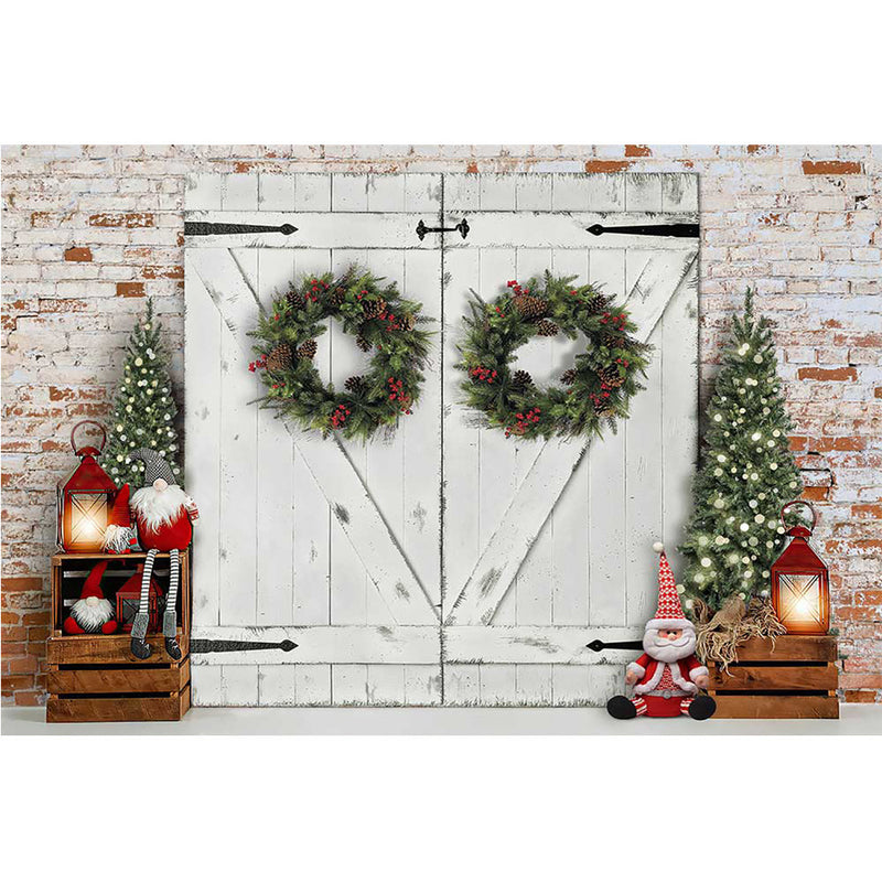 Photography Christmas Birthday Backdrop Winter Retro Wood Backdrop Wreath Brick Wall Xmas Headboard Portrait Photo Studio Props