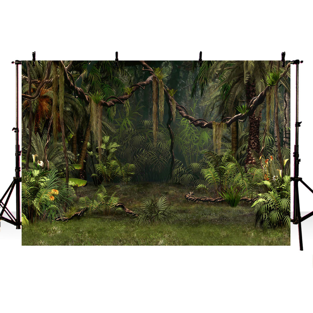 Spring Photography backdrop enchanted forest jungle background for photo studio party decoration supplies dessert table banner green Palm tree