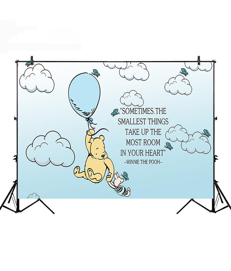 Classic Winnie The Pooh Backdrop Baby Shower Light Blue Background Hot Air with White Clouds Backgrounds for Boy 1st Birthday Butterfly Vinyl Backgrounds Party Decoration