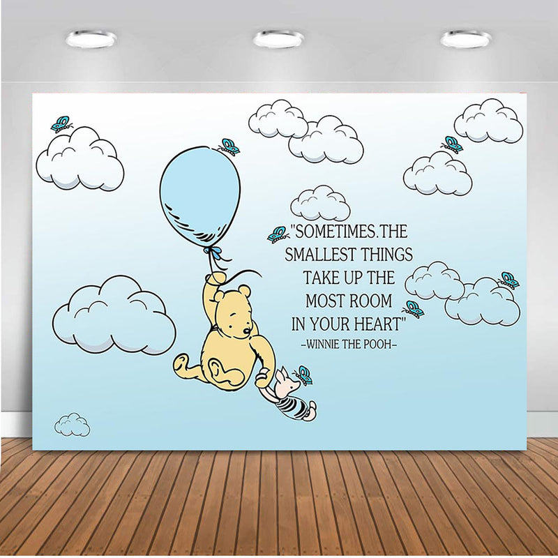 Classic Winnie The Pooh Backdrop Baby Shower Light Blue Background Hot Air with White Clouds Backgrounds for Boy 1st Birthday Butterfly Vinyl Backgrounds Party Decoration