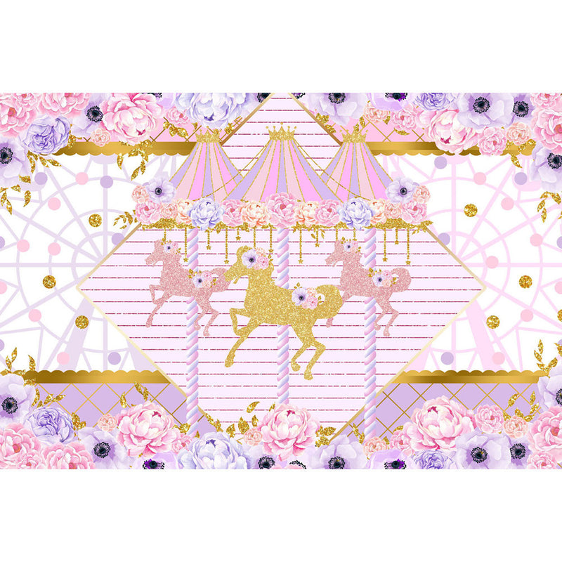 Fotografía de parque de atracciones de carnaval rosa, carrusel Floral para niña, decoración de fondo para fiesta de cumpleaños, noria, princesa recién nacida