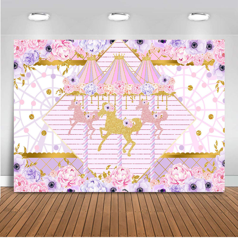 Photographie de parc d'attractions de carnaval rose, carrousel Floral, décoration d'arrière-plan de fête d'anniversaire pour fille, grande roue, princesse pour nouveau-né