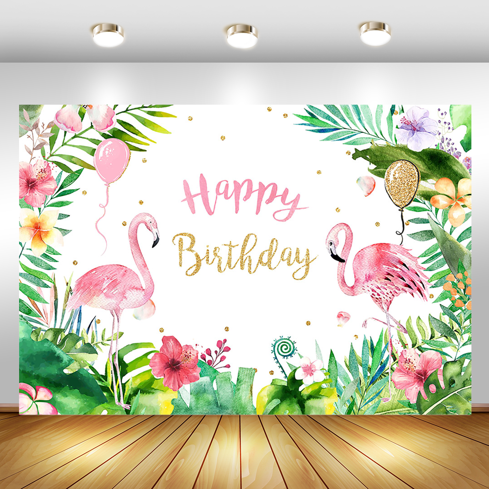 Pink Flamingo Birthday Backdrop Summer Tropical Hawaiian Floral Photography Background Flower Baby Shower Cake Table Banner
