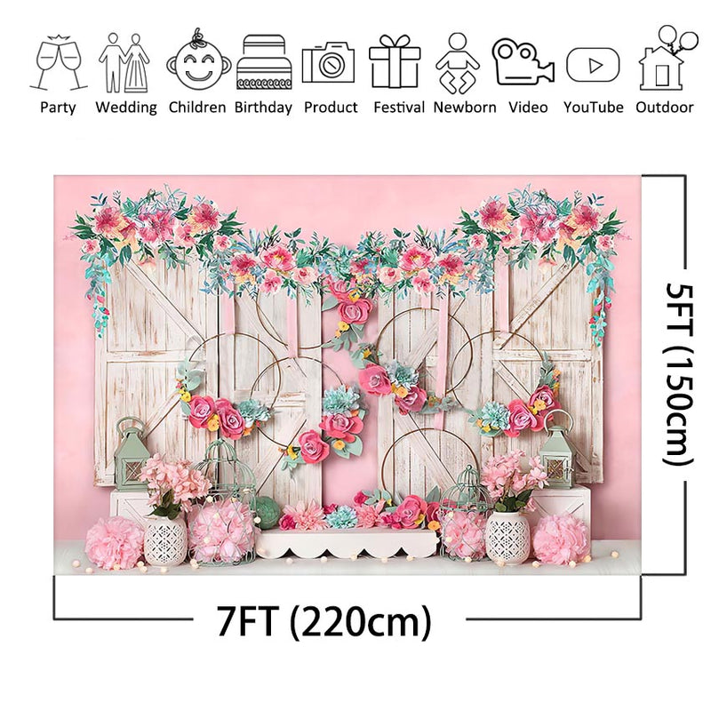 Pink Flowers Backdrop Floral Wall Wooden Door Baby Girl Cake Smash Portrait Child Background for Photography Studio Photocall