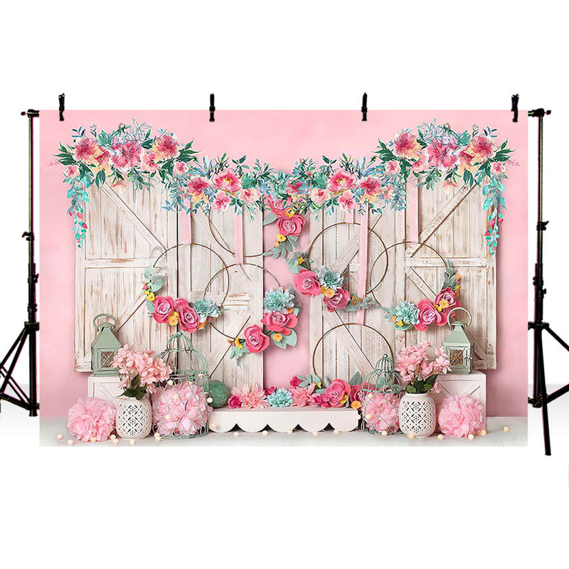 Pink Flowers Backdrop Floral Wall Wooden Door Baby Girl Cake Smash Portrait Child Background for Photography Studio Photocall