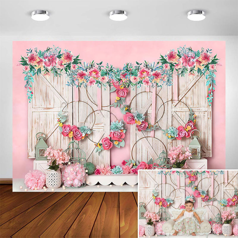 Pink Flowers Backdrop Floral Wall Wooden Door Baby Girl Cake Smash Portrait Child Background for Photography Studio Photocall