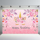 Fondo de cumpleaños con temática de unicornio de estilo rosa, fiesta de cumpleaños de bebé, foto de fondo Floral rosa, cartel de mesa de pastel brillante brillante