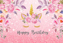 Pink Style Unicorn Themed Birthday Backdrop Baby Birthday Party Pink Floral Photo Background Glitter Shiny Cake Table Banner