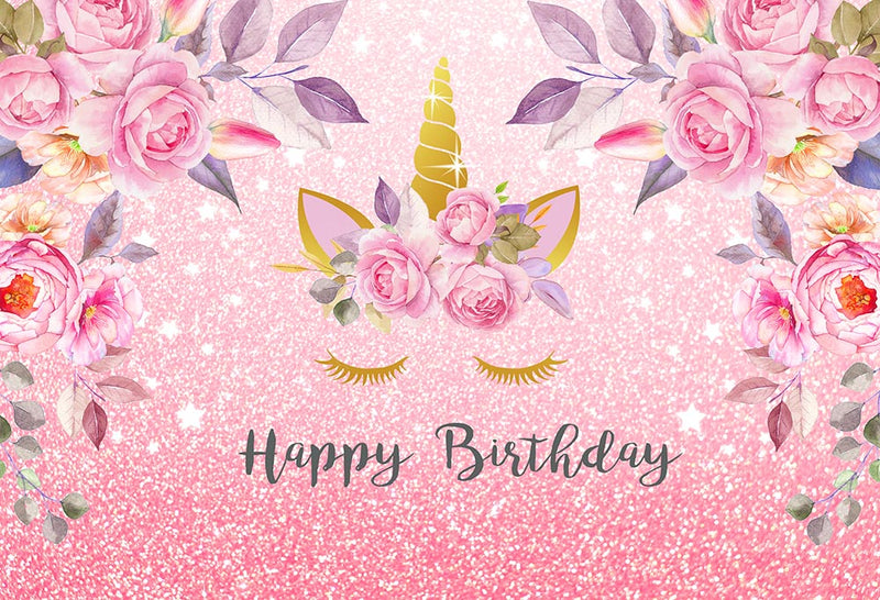 Pink Style Unicorn Themed Birthday Backdrop Baby Birthday Party Pink Floral Photo Background Glitter Shiny Cake Table Banner