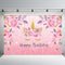 Toile de fond sur le thème de la licorne rose, fête d'anniversaire pour bébé, arrière-plan Photo Floral rose, bannière de Table à gâteau brillant à paillettes