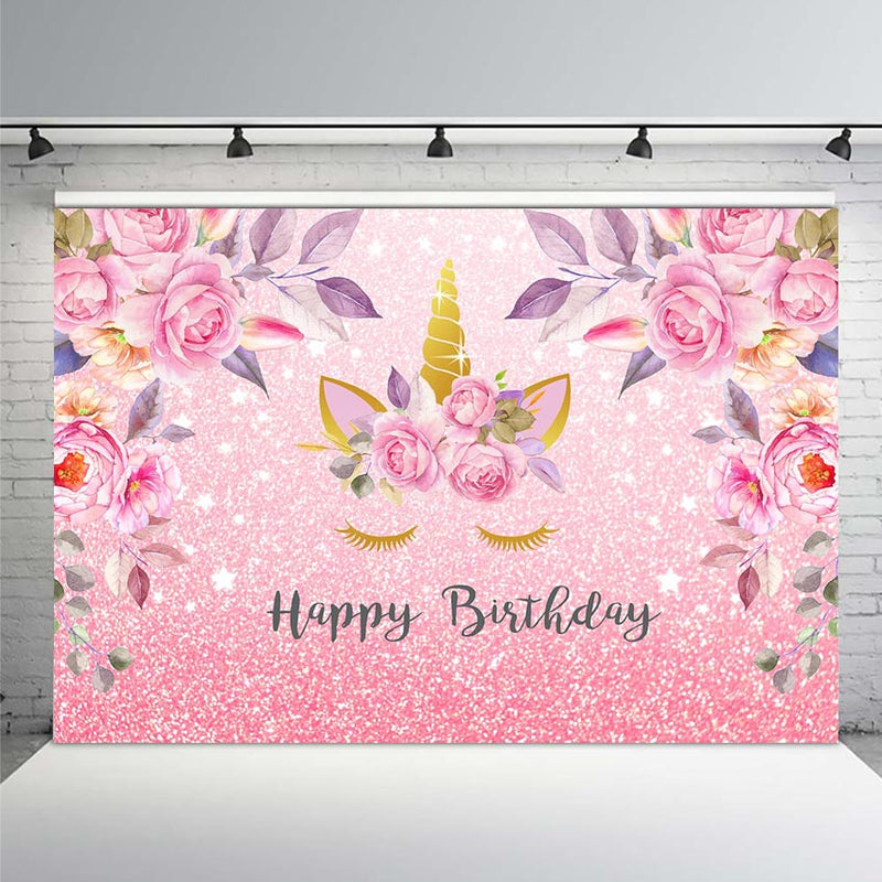 Pink Style Unicorn Themed Birthday Backdrop Baby Birthday Party Pink Floral Photo Background Glitter Shiny Cake Table Banner