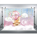 Toile de fond rose en forme de ballon à air chaud pour fête prénatale, scintillante, petite étoile dorée, fond photo, ciel bleu, nuages ​​blancs, bannière de table de dessert